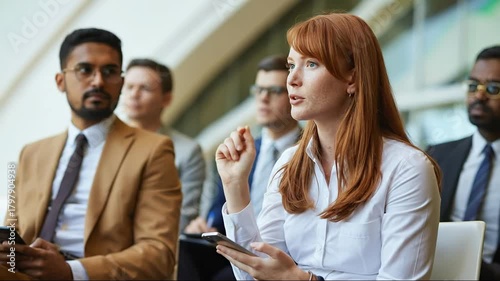 Business conference audience raising hand asking question during presentation seminar meeting event 100