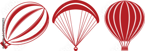 Red Vector Icons of Blimp Parachute and Hot Air Balloon on White Background Keywords: blimp, airship, dirigible, zeppelin