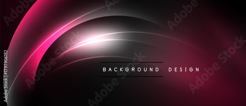 Abstract neon curves create dynamic background. Pink, white gradients blend into dark space. Modern design element for presentations.