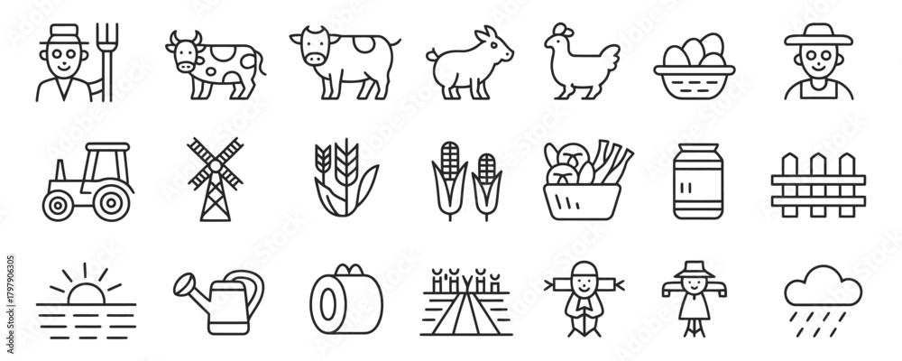 Fototapeta premium Charming farm icons set featuring farmer, crops, animals, and pastoral elements for website design and rural lifestyle projects