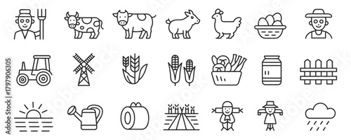Charming farm icons set featuring farmer, crops, animals, and pastoral elements for website design and rural lifestyle projects
