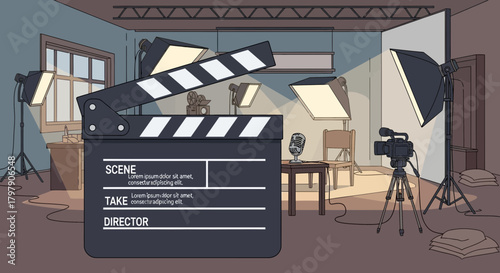 Cartoon style illustration of a film studio set with clapperboard and equipment, perfect for