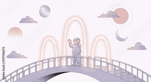Dreamy ethereal illustration of a person on a bridge with pastel sky elements and rainbows