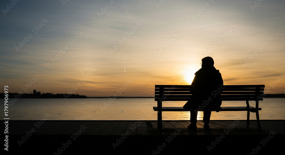 Obraz premium Contemplative silhouette watching the vibrant sunset over tranquil waters, embracing peace and solitude on a park bench at dusk