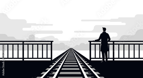 Solitary figure contemplates future on bridge overlooking long railway track towards distant horizon