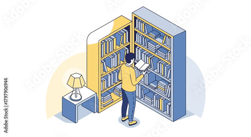 Isometric vector illustration of a man reading a book in a library bookshelves and a lamp