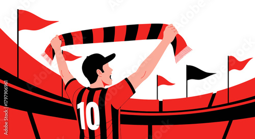 Passionate football supporter cheering with scarf in stadium with red flags in the background