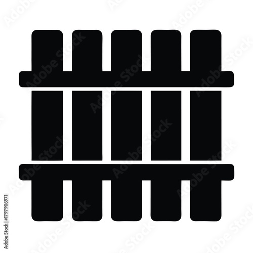 Simple black and white image of a wooden fence with six posts