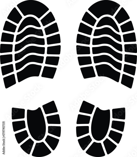 Isolated black vector illustration of a shoe footprint, showing the sole and tread design of a boot or sneaker