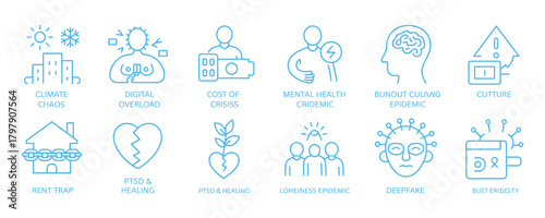 Explore global challenges and innovative solutions with this essential modern icon set perfect for websites, presentations, and educational materials