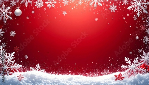 Marco decorativo rojo de copos de nieve blancos alrededor de todo el borde, con diferentes tamaños y diseños, creando un efecto helado y festivo. Pequeñas partículas de nieve dispersas por el fondo.