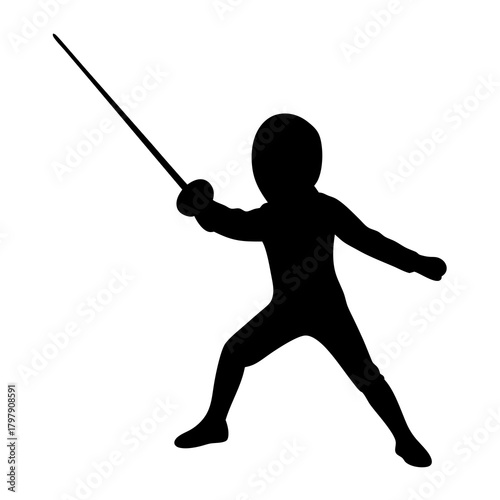 Silhouette of a fencer in action stance with sword raised high up