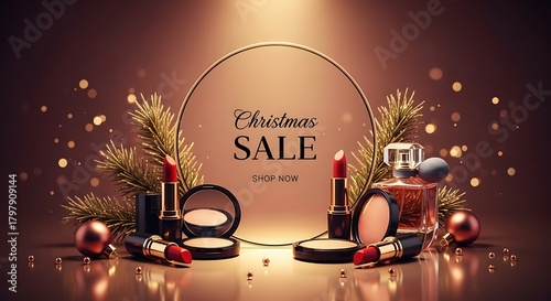 Christmas sale featuring luxury makeup and perfume with festive decor