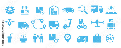 Streamline your logistics with this set of blue delivery icons showing delivery trucks, drones, and packages ideal for modern businesses and services