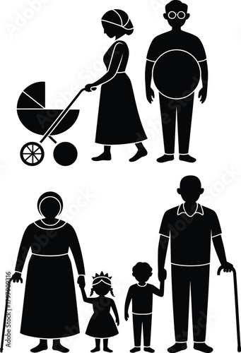 Family generation icons with new parents and loving grandparents