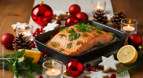 Festive baked salmon with christmas decorations and candles