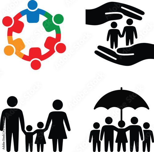 Community unity, family protection, and care support icon set