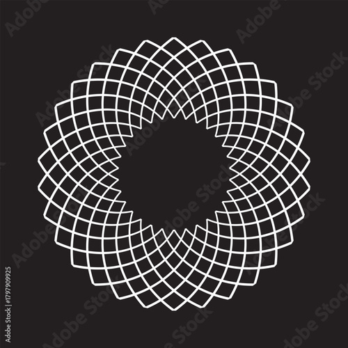 Abstract Decorative Geometric Circle Radial Pattern. Round Design Element on Black Background. 