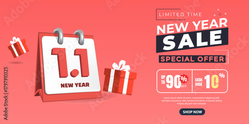 New Year Calendar Promotion 3D Date Display with Gift Elements and Discount Banner for January 1st Retail Launch and Holiday Sales