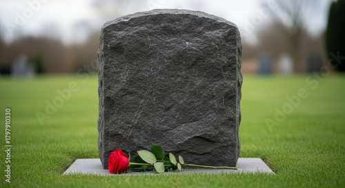 stone memorial with a single flower placed at its base, no text, clean composition
