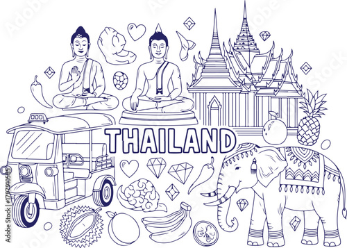 Vector art of doodle of thailand landmarks, culture, and symbols