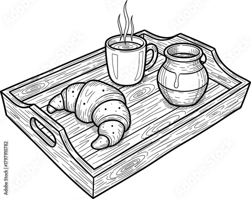Wooden Tray with Croissant, Coffee Cup, and Milk Jug breakfast pastry