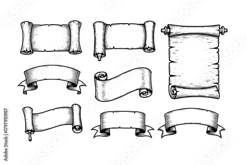 A scroll or banner parchment paper ribbon band in a vintage woodcut style
