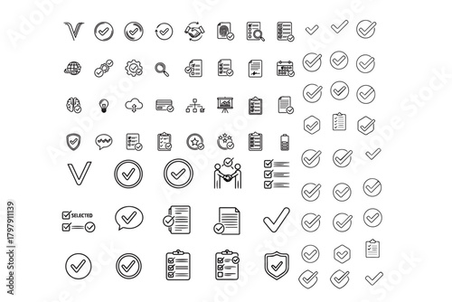Checkmark icon set. Containing check, accept, agree, selected, confirm, approve, correct, complete, checklist, verified and more. Editable line icons with pure white background