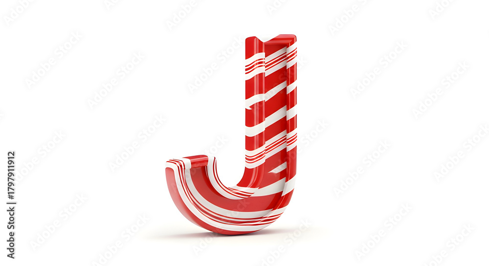Obraz premium Candy-cane striped Christmas letter J isolated on white.