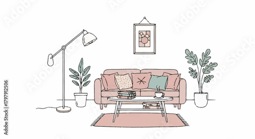 Modern Minimalist Living Room Interior Illustration. Cozy Sofa, Coffee Table, Floor Lamp, and Potted Plants Create a Relaxing Domestic Scene. Stylish Home Decor Vector Art