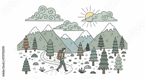 Hand-drawn vector illustration of a scenic mountain landscape with a lone hiker on an adventure trail exploring the wilderness