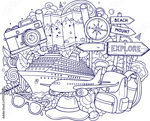 Vector art of travel and exploration doodle with cruise ship, airplane, and map
