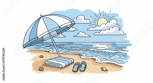 Tranquil Beach Scene with Umbrella, Towel, and Flip-Flops Illustration