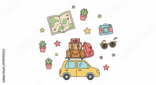 Vibrant flat illustration of a car packed for a road trip, surrounded by travel essentials like a map, camera, and sunglasses, embodying adventure