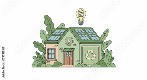 Eco-Friendly Home with Solar Panels and Energy Efficient Bulb