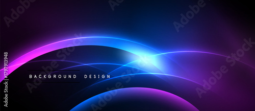 Abstract neon waves, vibrant purple, blue gradients. Dynamic light effects create futuristic background design. Smooth curves suggest movement.