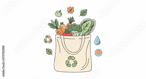 Eco-Friendly Shopping Fresh Vegetables in a Reusable Bag with Recycling Symbols