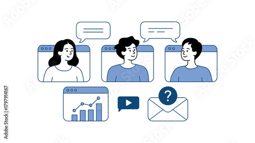 Three people communicate online with data charts and an email icon.