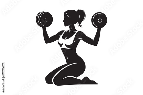 Silhouette of a fit woman kneeling and lifting dumbbells