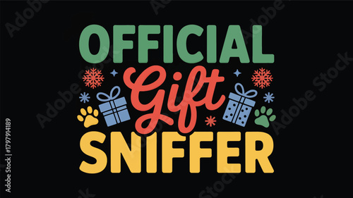 Official gift sniffer festive holiday design with paw prints snowflakes and gift boxes in a charming silhouette style