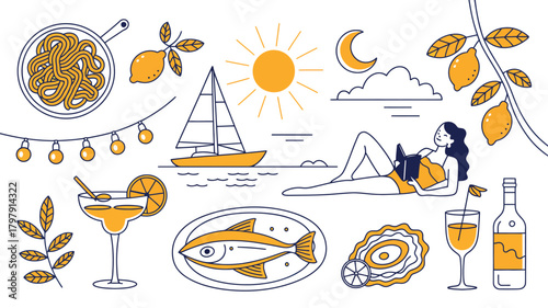 A leisurely summer scene unfolds with food, drinks, a sailboat, and a person relaxing on the beach under the sun and moon.