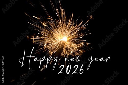 Happy new year 2026 orange sparkler new years eve countdown. Luxury entertainment celebration turn of the year party time. Premium nightlife visual with glowing light sparks on dark background