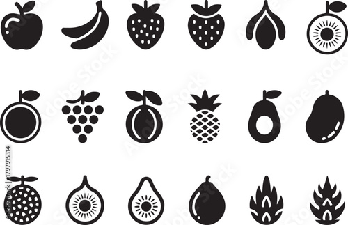 Diverse Fruit Icon Collection Set: Apple, Banana, Tropical, Berry, and Exotic Healthy Foods