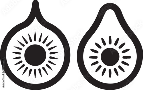 Stylized Fig Fruit Half Icons: Healthy Food and Sweet Dessert Symbol