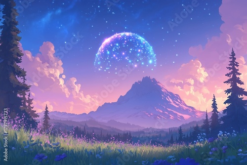 Fantasy landscape with glowing celestial sphere above a mountain, colorful sky and meadow in soft atmospheric light.