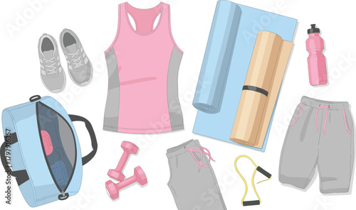 Women's Fitness and Workout Gear Vector Set, Sportswear, Equipment, and Gym Accessories.