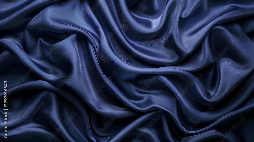 Fototapeta premium Close up shot of a dark blue satin fabric with elegant folds and a smooth texture in a studio setting