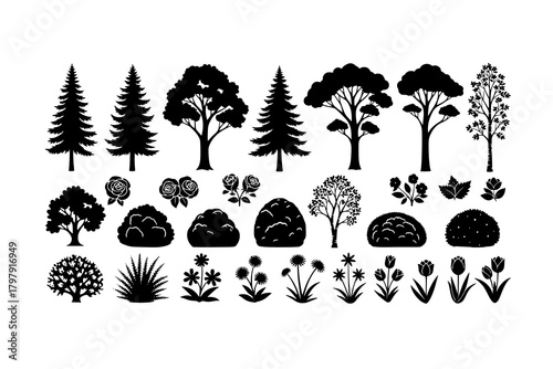vector set of trees shrubberies flowers, silhouettes
