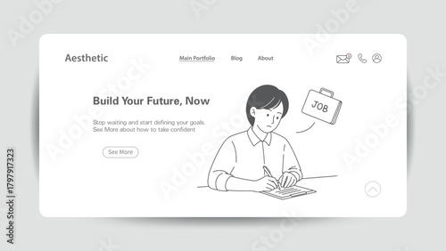 Woman writing at desk with job briefcase for future planning goals career