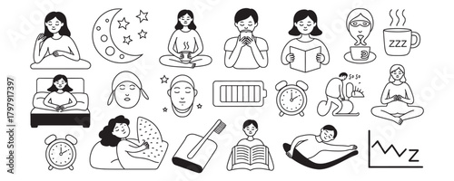 Relaxing bedtime routine icons for peaceful sleep and wellness promotion, perfect for health blogs, sleep apps, and lifestyle content about selfcare